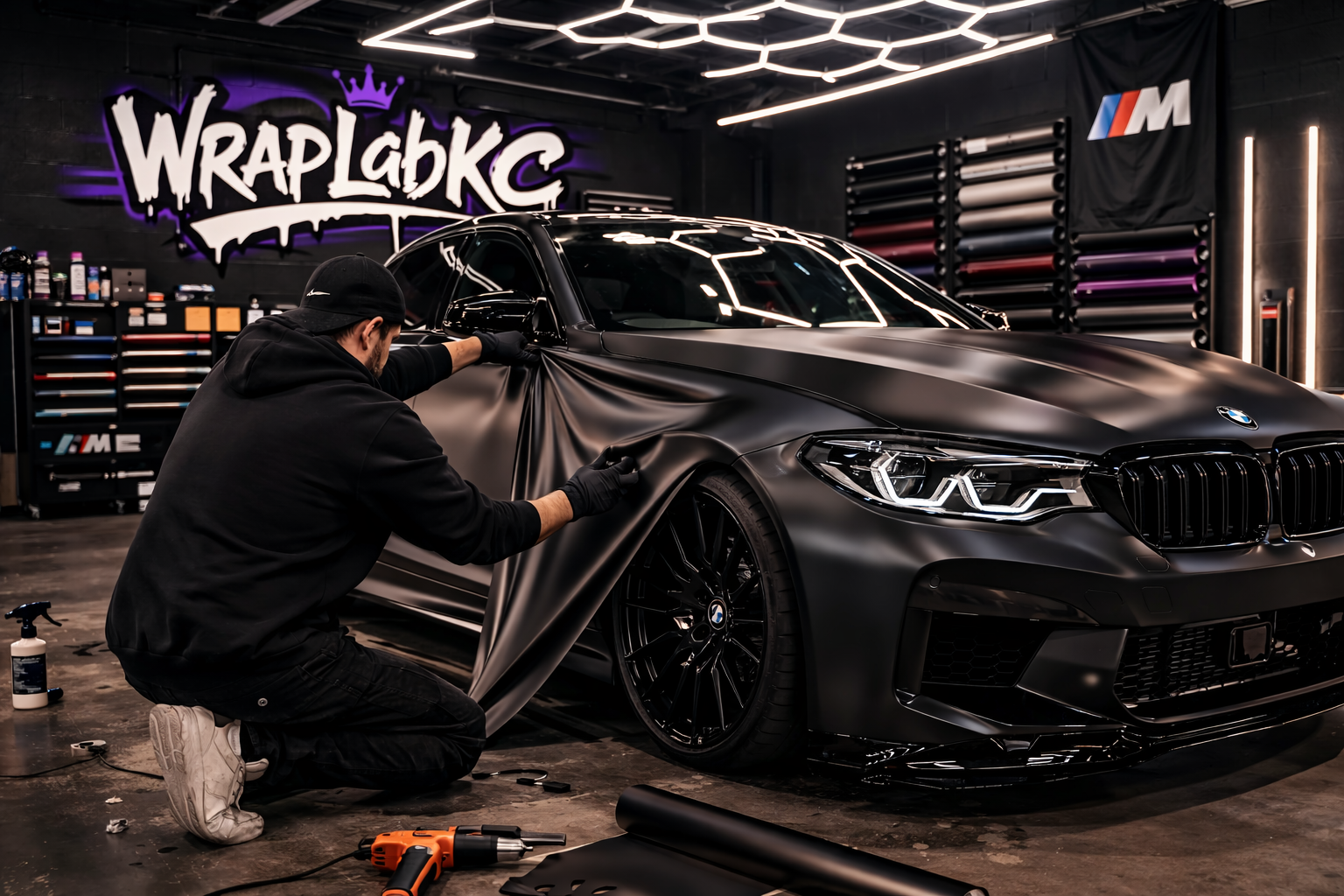 BMW wrap install inside the Wrap Lab KC shop